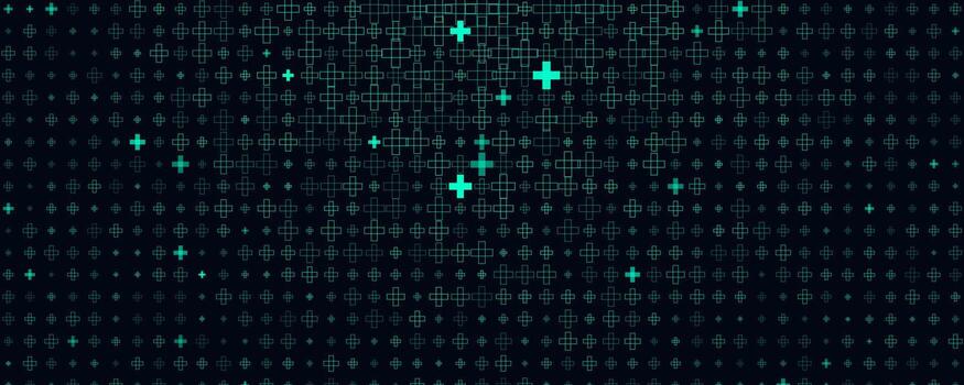 First Aid Medical Background Pattern Texture, Scattered Teal Cross Plus Symbols On Dark Tech BG With Subtle Glow, Backdrop Wallpaper For Emergency, Hospital Apps, Presentations. Illustration vector