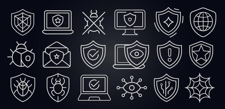 Outlined cybersecurity icons with shields, bugs, checkmarks, monitors, envelopes, and circuits. Malware alert, antivirus system, email and network security. Line stroke style. illustration. vector