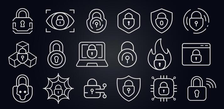 Cybersecurity line icon set with padlocks, shields, browser, circuit chip, virus alert. Digital access control, encryption, firewall concept. illustration. vector