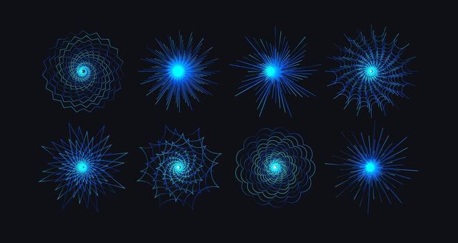 ciber mandala icono colocar, azul digital fractal chakra, embudo ligero. radial túnel portal vórtice efecto. futurista tecnología circular suspiros para Fuegos artificiales, fiesta, ui, logo, acento diseño. ilustración vector