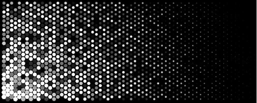 Cyber Digital Geometric Background Hexagon Halftone Gradient On Black, Shimmer Glow, Modern Tech AI Science Pattern For Banners, Slides, Web Headers. backdrop vector