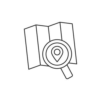 limpiar línea Arte icono ilustrando un doblada mapa con un prominente aumentador vaso centrado terminado él, destacando un ubicación alfiler marcador. esta gráfico simboliza hallazgo un preciso Mancha vector