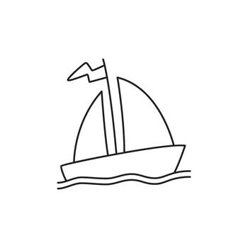 Minimalist black outline drawing of a charming sailboat with its main sail and a small flag, gently moving on stylized waves, ideal for design projects requiring a simple, clean vector