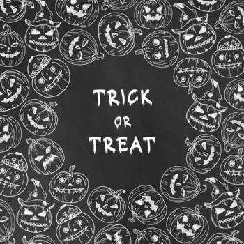 Halloween square pumpkin frame on black background doodle style. Round text place surrounded by scary smiling pumpkins. Halloween party background template, invitation, banner, website, product design vector