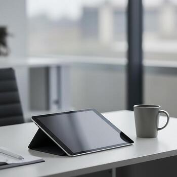 Tablet Computer on Desk with Mug in Modern Workspace photo