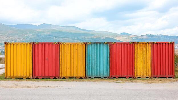 Colorful shipping containers lined up against a backdrop of hills photo