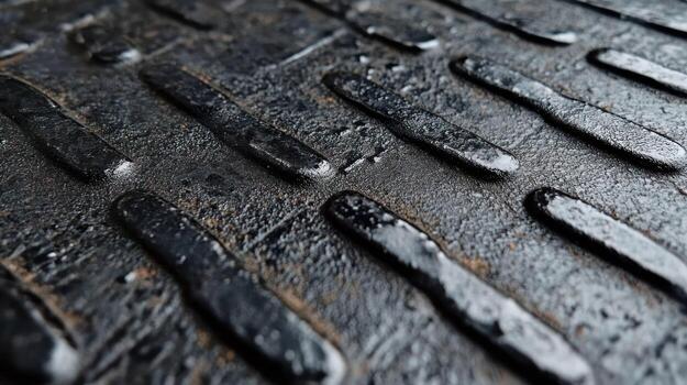 Close-up view of dark, textured metal surface with grooves and water droplets photo
