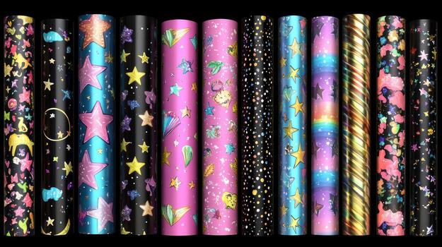 Colorful rolls of patterned wrapping paper. Stars, unicorns, and other whimsical designs photo