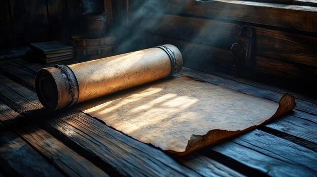 Aged scroll on rustic wooden table, sunlight filtering through window photo