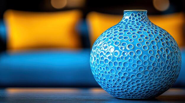Blue vase with textured surface on wooden table photo