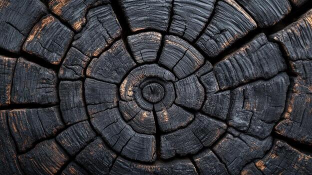 Close-up charred tree trunk, intricate rings and cracks photo