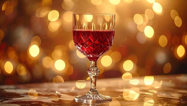 A crystal goblet filled with ruby-red liquid sits, elegantly patterned. The blurred, warm lights behind create a soft glow, emphasizing celebration and ambience photo