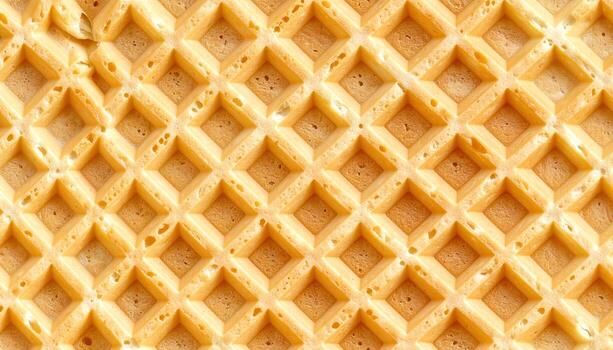 Close-up of a golden-brown, textured food item. It displays a repeating pattern of interconnected squares, showcasing a grid-like design with slight variations in color. photo
