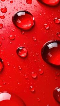 Macro shot of transparent, ruby-red water droplets scattered across a vibrant, glossy red surface. Reflective spheres create a vivid contrast of textures and colors photo