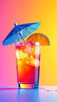 A tall, refreshing cocktail is garnished with an orange slice and a tiny blue umbrella. Ice cubes clink within the drink as it is set against a vibrant gradient background. photo
