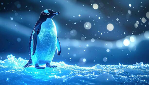 un solitario pingüino soportes en glacial terreno en un reluciente, Nevado escena. suave, difundido ligero se baña el criatura y fondo, creando un soñador, etéreo sentir. como bokeh orbes flotador foto