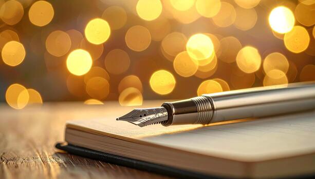 A fountain pen rests on an open notebook atop a wooden surface. Soft, blurred golden lights create a warm backdrop, hinting at festivity or intimacy. The scene is a study in writing photo