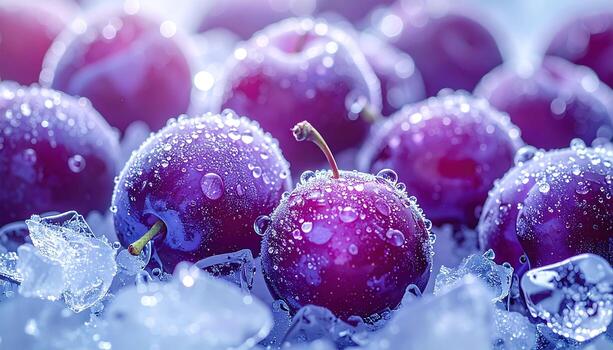 de cerca de vibrante, jugoso, púrpura Fruta descansando en aplastada hielo. gotas de rocío relucir en su suave piel, iluminado por suave, difundido luz, creando un refrescante y apetitoso escena foto