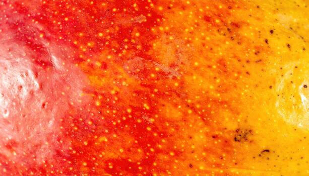 Close-up captures vibrant, textured surface with gradient hues of red, orange, and yellow. Tiny dots and subtle imperfections add character to the natural pattern photo