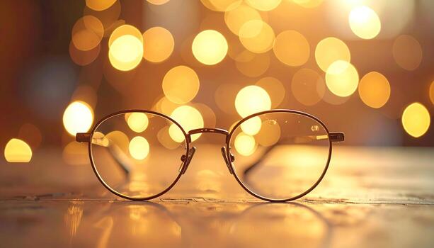 Close-up shot of spectacles with round frames on a reflective surface. Soft-focus golden bokeh lights illuminate the background, creating a warm, inviting atmosphere photo