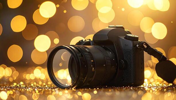 A DSLR camera with a prominent lens is positioned on a glittery surface, surrounded by a blurred bokeh of warm golden lights in the background. It suggests photography photo