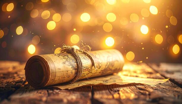 Old map scroll tied with rope rests on wooden planks with bokeh lights. photo