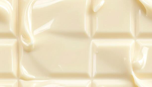 Close-up of a rectangular, segmented bar of white confection, partially covered in a shiny, smooth, melted cascade. Squares defined by deep, clean lines. Reflective surfaces photo
