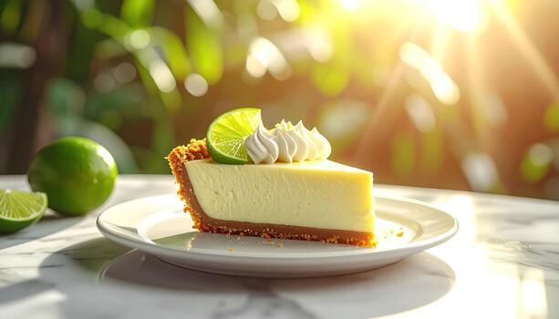 A slice of creamy, light-yellow dessert with a graham cracker crust, topped with whipped cream and a lime wedge sits on a white plate. Fresh limes and bokeh background add vibrancy. photo