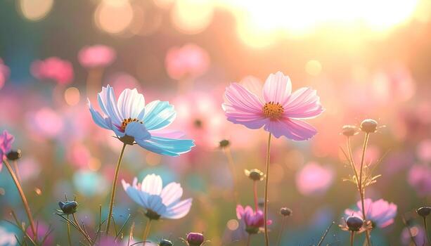 A sunlit field explodes with delicate cosmos flowers in varying pinks, purples, and white. Soft bokeh circles add warmth and create a dreamlike atmosphere photo
