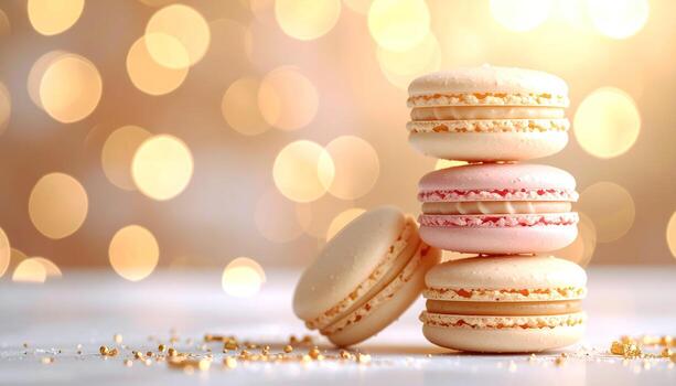 un apilar de vistoso, delicado emparedado galletas. algunos estar vertical, otros descanso cercano. suave ligero destellos en el bokeh antecedentes. minúsculo oro motas son dispersado en el superficie foto