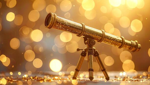 A gilded telescope on a tripod sits centered, facing left, against a bokeh background of warm gold light. Glimmering sparkles surround it. The light is soft photo