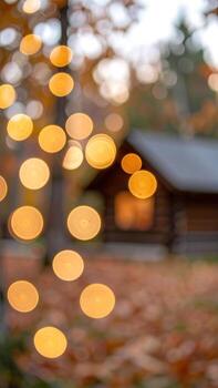 Warm bokeh lights glow in front of a rustic log cabin nestled among autumn leaves, creating a soft, inviting atmosphere. The cabin's window emits a welcoming light photo