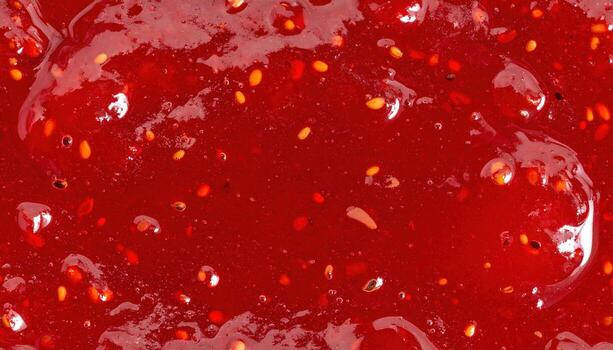 A macro shot of smooth, deep-red, glossy spread, peppered with tiny seeds, possibly fruit-based, showing a viscous, inviting texture photo