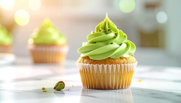 Close-up of a cupcake with vibrant green frosting, sprinkled with nuts. Two more cupcakes blurred in the background on a marble surface, bokeh effect photo