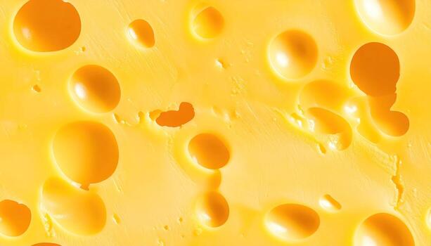 Close-up view of a yellow cheese block featuring characteristic holes. Texture is smooth and creamy. Light plays on the surface, emphasizing the bubbly interior and uneven edges. photo