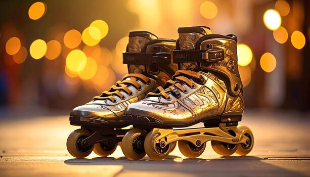 A close-up captures a pair of shiny, golden roller skates on an urban pathway. The focus is on the detailed design, with the blurry backdrop of warm lights creating a bokeh effect photo