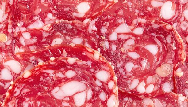 Macro shot of sliced cured meat, featuring vibrant red and white patterns. The slices are overlapping, showcasing texture and detail of the cured food. Light reflects off the surface photo