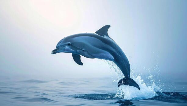 A sleek dolphin leaps gracefully from ocean water, body arched, creating a splash. The image features a calm, blue atmosphere with a soft, diffused light photo