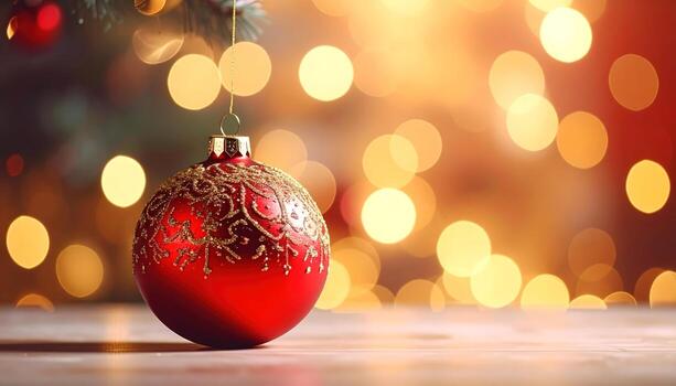A close-up of a vibrant red ornament with gold filigree, hanging from a tree branch. Soft, golden bokeh lights illuminate the background, creating a warm and festive atmosphere photo