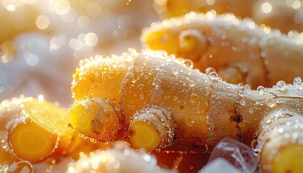 de cerca de Fresco cúrcuma raíz, brillante con agua gotas y cristalino azúcar, iluminado por calentar luz de sol, creando un suave, difundido bokeh efecto foto