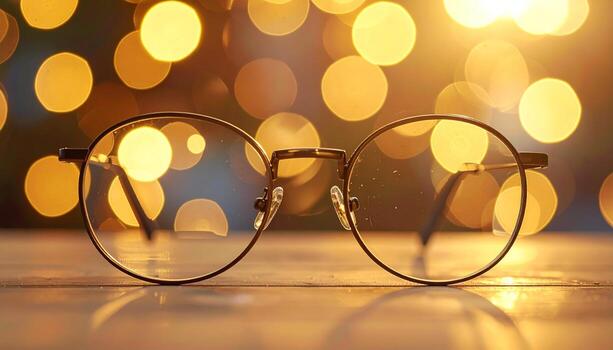 A pair of round eyeglasses rests on a reflective surface, framed by blurred, golden bokeh lights in the background, creating a warm and illuminated atmosphere photo