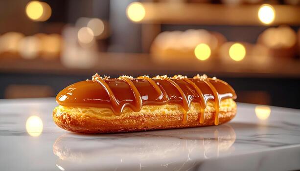 A close-up of a caramel eclair on a marble surface, with a blurred bakery backdrop. The clair is golden brown, glazed with caramel and nuts. Bokeh lights add warmth photo