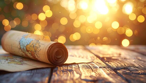 A vintage map, partially unrolled, rests on a rustic wooden surface. Warm sunlight streams from behind, creating a bokeh effect in the background. Details are sharp photo