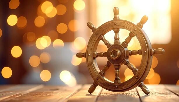 A wooden ship's wheel sits on a weathered plank, its details sharp against a soft, bokeh background of warm, golden light, suggesting a sense of journey or navigation photo