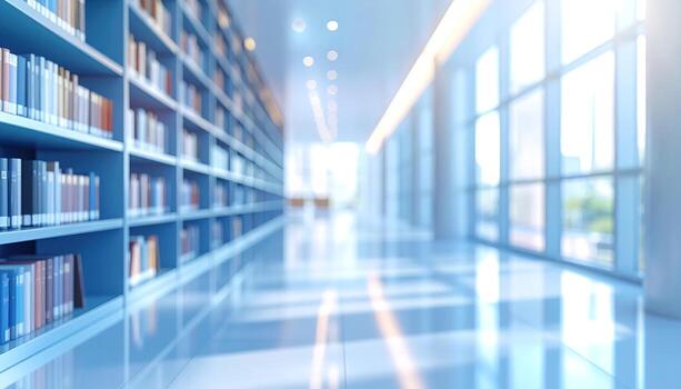 A long, bright library hallway with rows of books lining one side. Large windows on the other allow sunlight to stream in, creating a soft, blurred focus photo