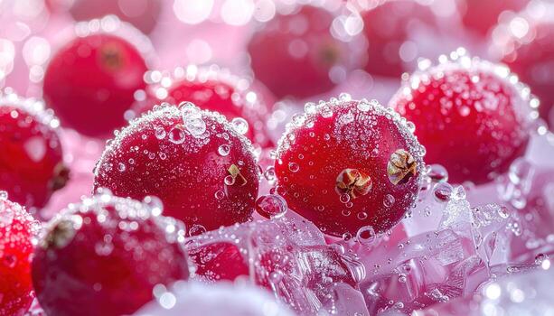 Macro shot of glistening red berries amidst ice, illuminated with soft light. Water droplets cling to their surfaces, creating a vivid, refreshing display. Shallow depth of field photo