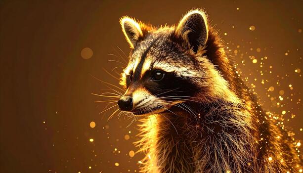 A photorealistic raccoon, bathed in golden light, gazes to the right. Fur is detailed, highlighting its mask and whiskers. Soft bokeh sparkles create a warm, magical glow in the background photo