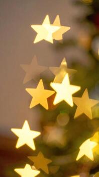 Soft-focused photograph featuring warm, yellow star-shaped lights, creating a bokeh effect. They partially obscure a Christmas tree's green branches, casting a festive glow against a neutral backdrop photo