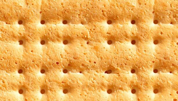 Close-up of a single, square, golden-brown baked good with a grid pattern of small holes, showcasing a textured, crumbly surface. Reveals slight variation in color and texture, with shadows photo