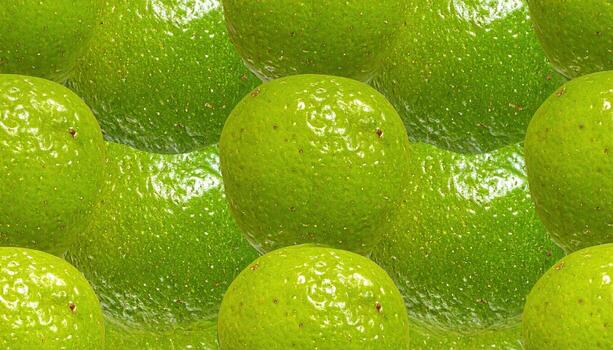 A close-up, repeating pattern of bright green, spherical citrus fruits fills the frame. The textured surfaces display subtle variations in color and light photo